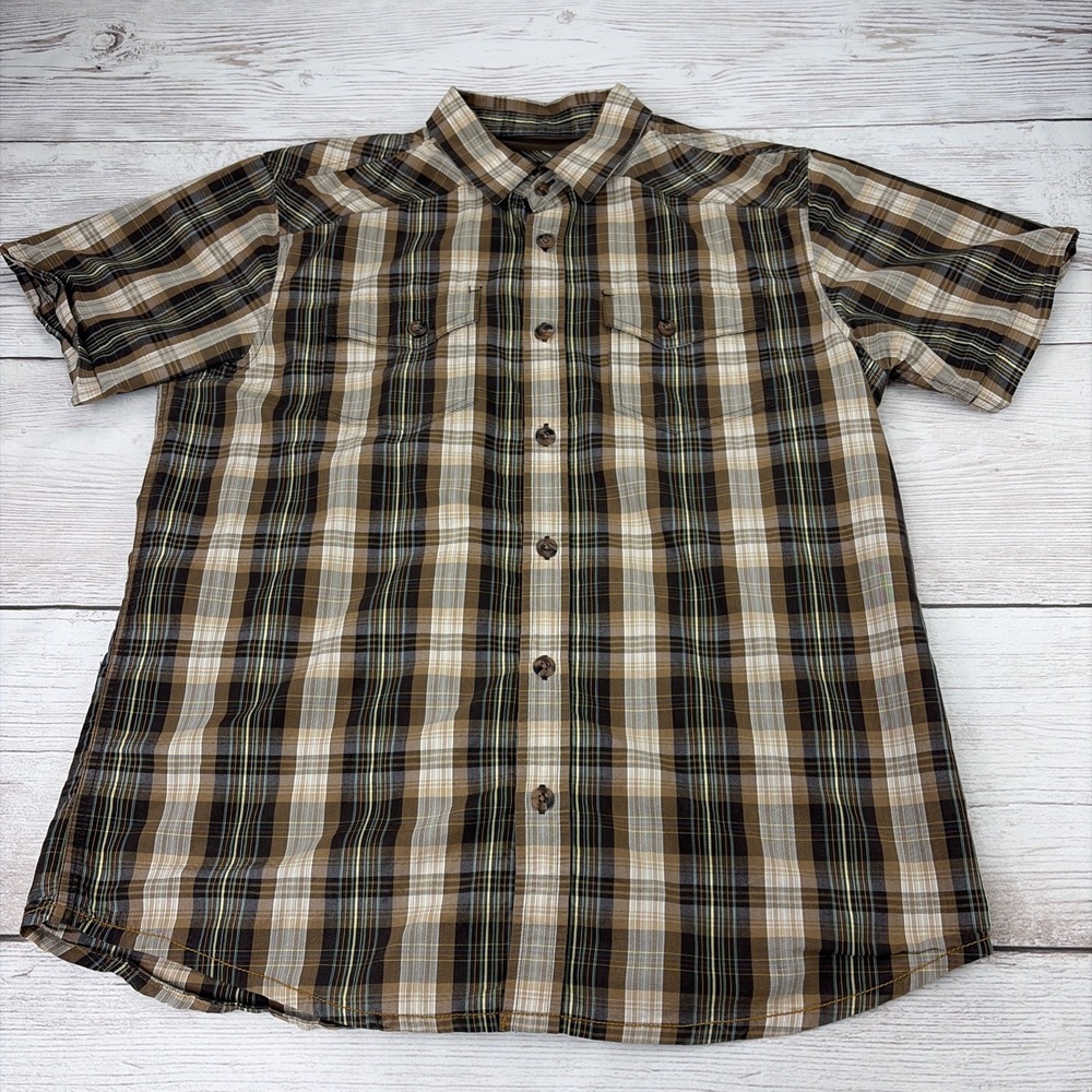 prAna Shirt Men's L Brown Tan Plaid Short Sleeve Button Down Chest Pockets EXC